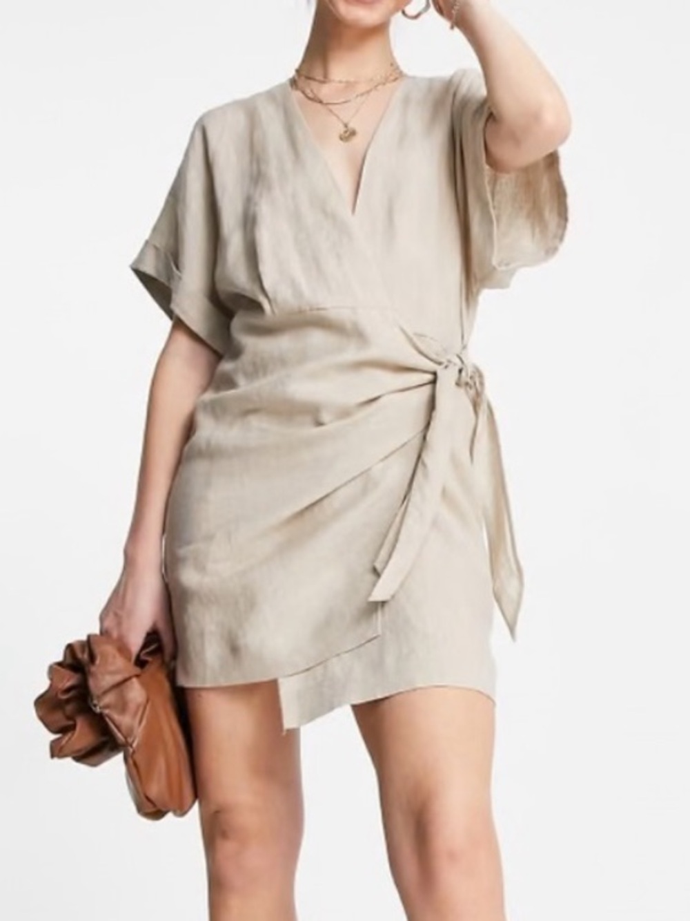 & Other Stories Relaxed Fit Beige Linen Wrap Mini Dress Size 4 NWT